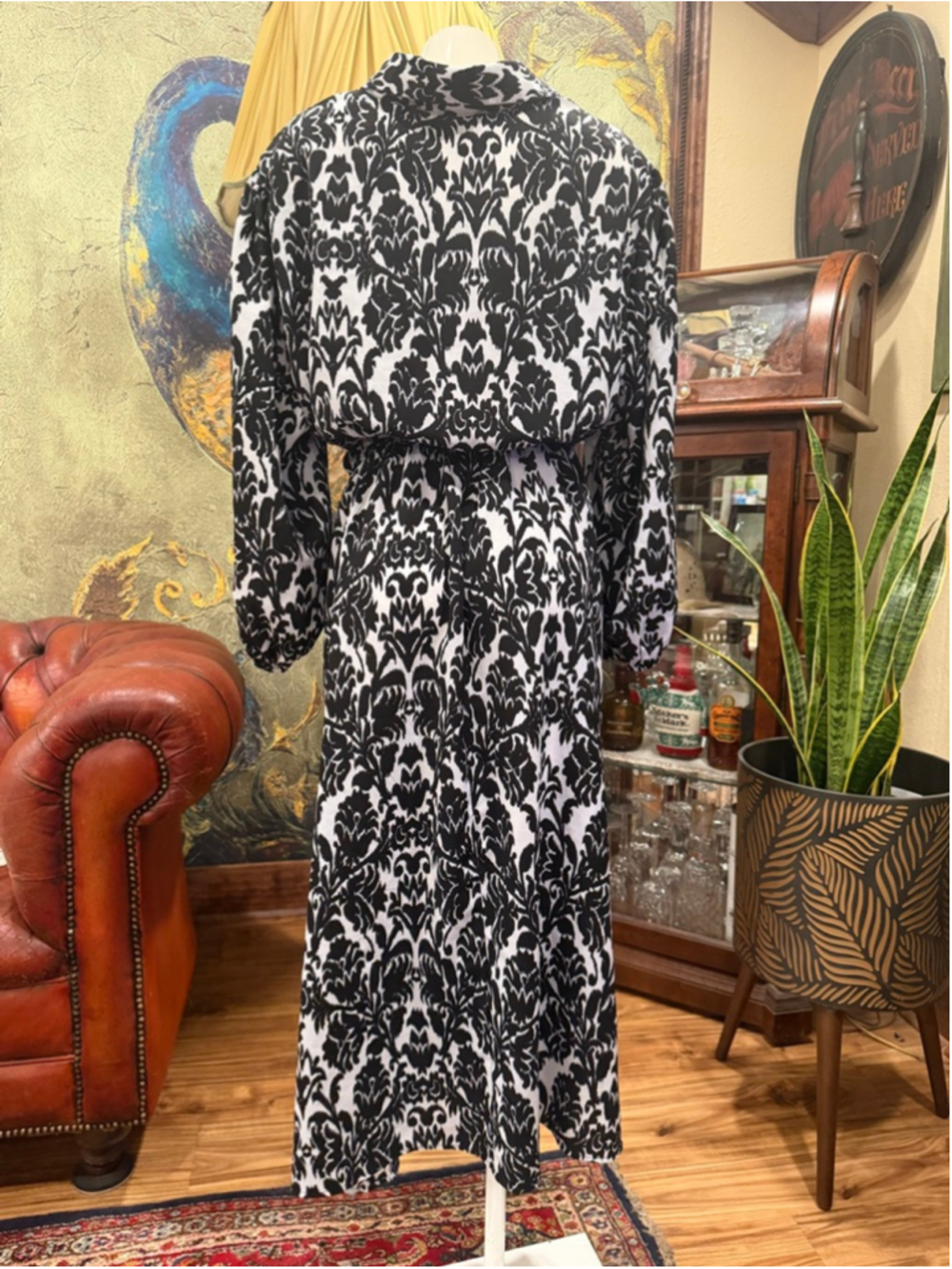 Emma & Michele Maxi Dress 3X Damask Print Black White Long Sleeve Shirt Dress - Picture 5 of 11